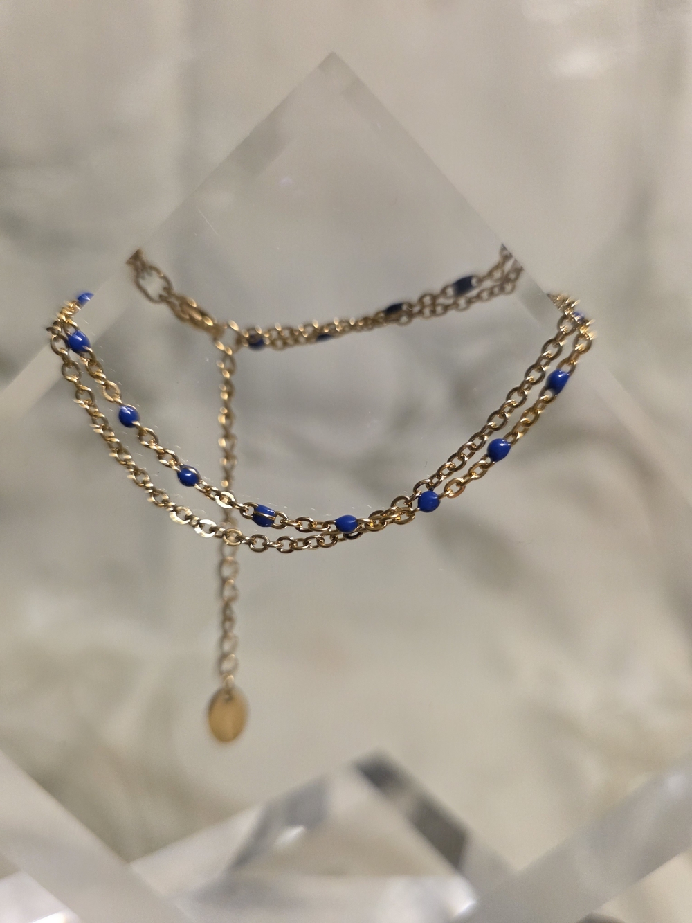 #842 Plunder Gold Tone Layered Necklace with Blue Beads